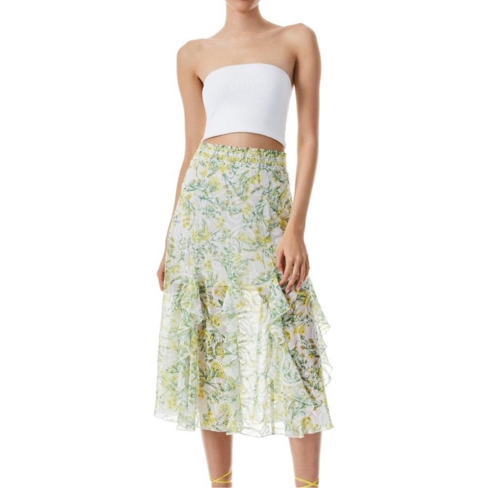 Alice + Olivia Jocelyn Godet Midi Skirt in Sun Ditsy off White Size 12 - Picture 2 of 8